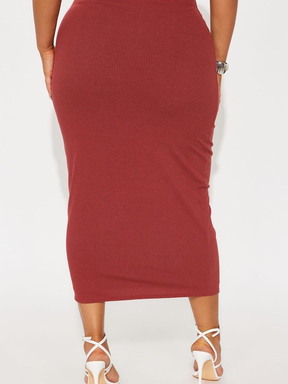Ribbed Midi Pencil Skirt in Deep RUST Orange